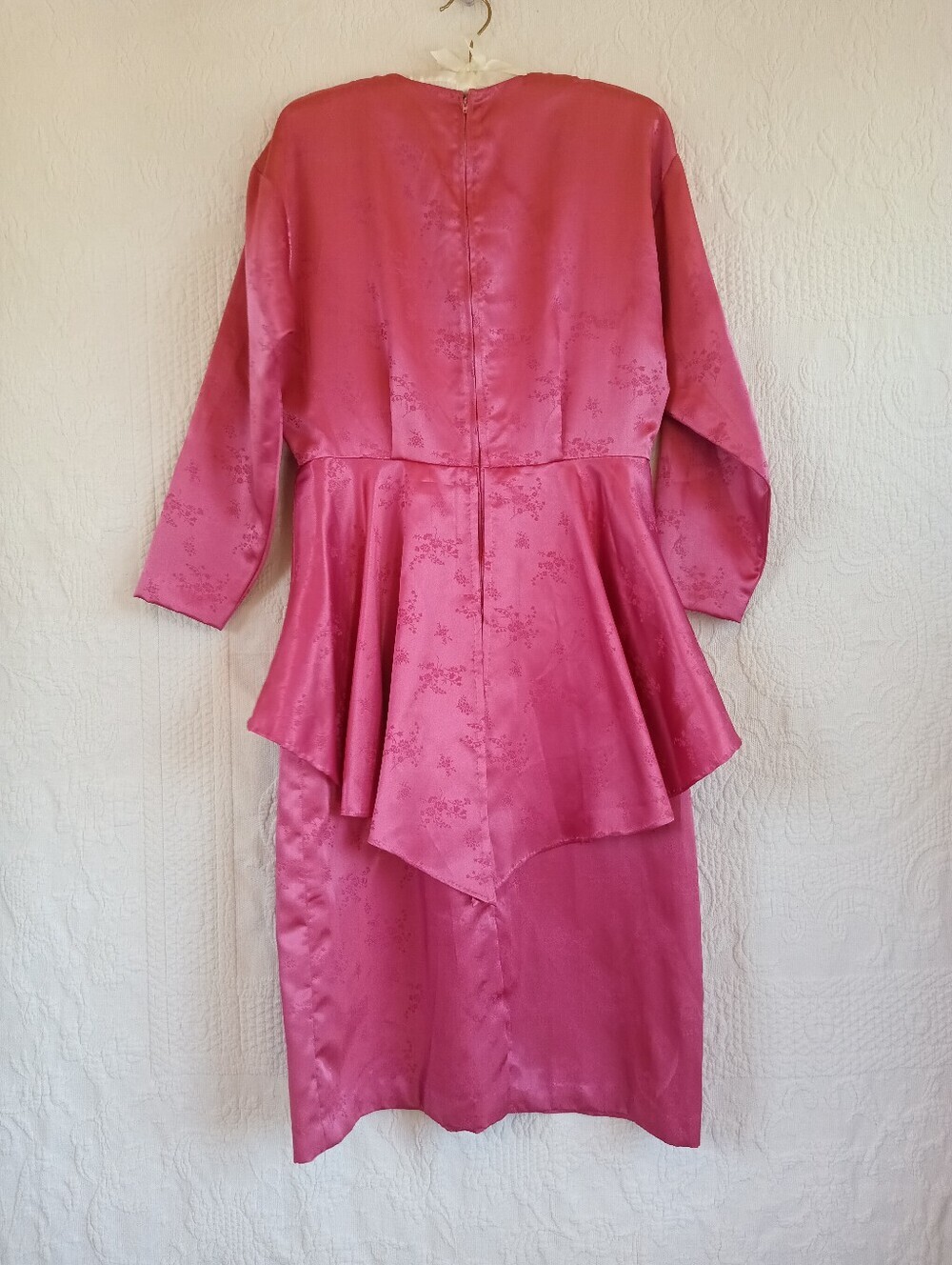 Vintage Pink Peplum Long-Sleeve Midi Dress Satin Floral 80s Barbie Girl OOAK 10 - Picture 10 of 16